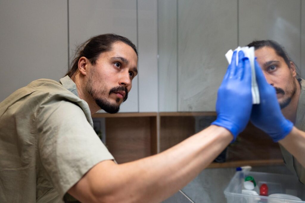Hand testing leather cleaner on a hidden spot of the sofa before full cleaning.