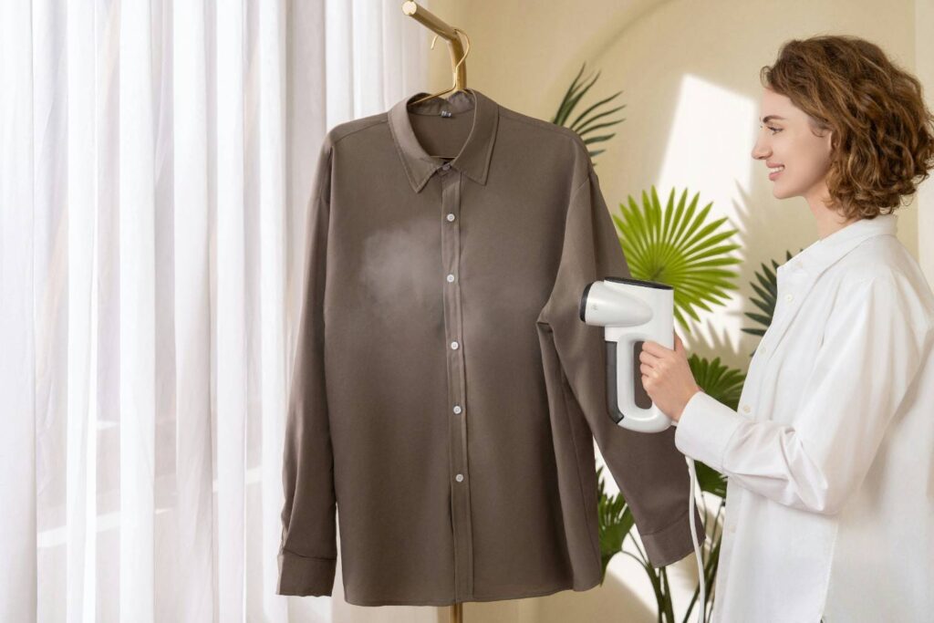 Woman using handheld steamer and following best clothing care tips